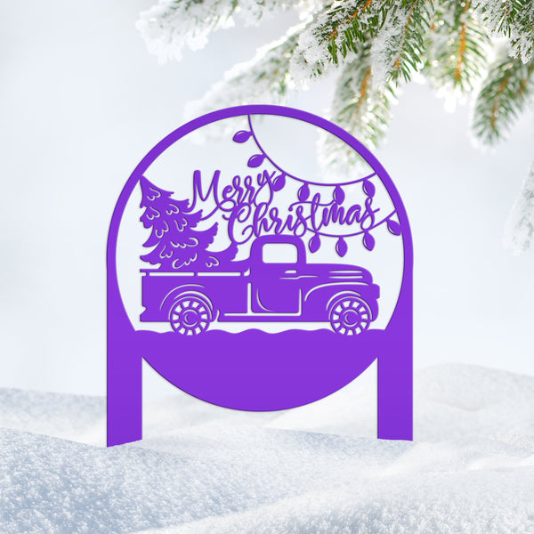 Merry Christmas Sign with Red Truck - Outdoor Christmas Decor - Metal Holiday Decorations