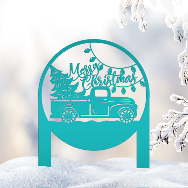 Merry Christmas Sign with Red Truck - Outdoor Christmas Decor - Metal Holiday Decorations