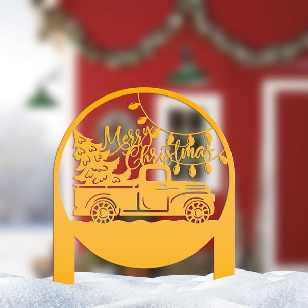 Merry Christmas Sign with Red Truck - Outdoor Christmas Decor - Metal Holiday Decorations