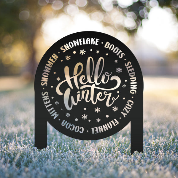Hello Winter Metal Stake - Snowflake Winter Yard Art - Cute December Home Decoration - Outdoor Seasonal Sign - Unique Christmas Yard Stake