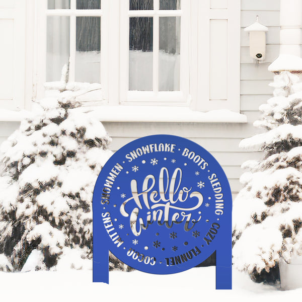 Hello Winter Metal Stake - Snowflake Winter Yard Art - Cute December Home Decoration - Outdoor Seasonal Sign - Unique Christmas Yard Stake
