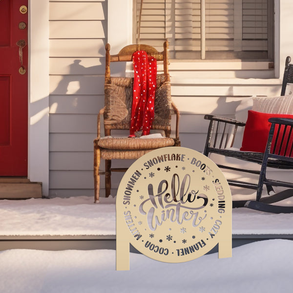 Hello Winter Metal Stake - Snowflake Winter Yard Art - Cute December Home Decoration - Outdoor Seasonal Sign - Unique Christmas Yard Stake