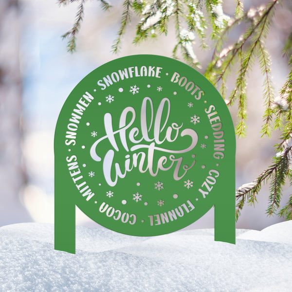 Hello Winter Metal Stake - Snowflake Winter Yard Art - Cute December Home Decoration - Outdoor Seasonal Sign - Unique Christmas Yard Stake