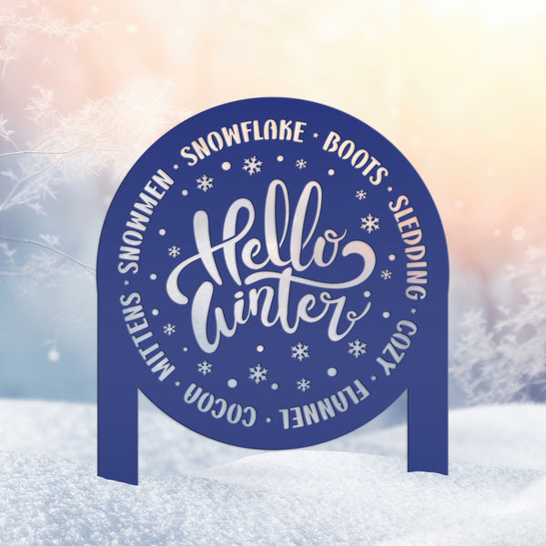 Hello Winter Metal Stake - Snowflake Winter Yard Art - Cute December Home Decoration - Outdoor Seasonal Sign - Unique Christmas Yard Stake