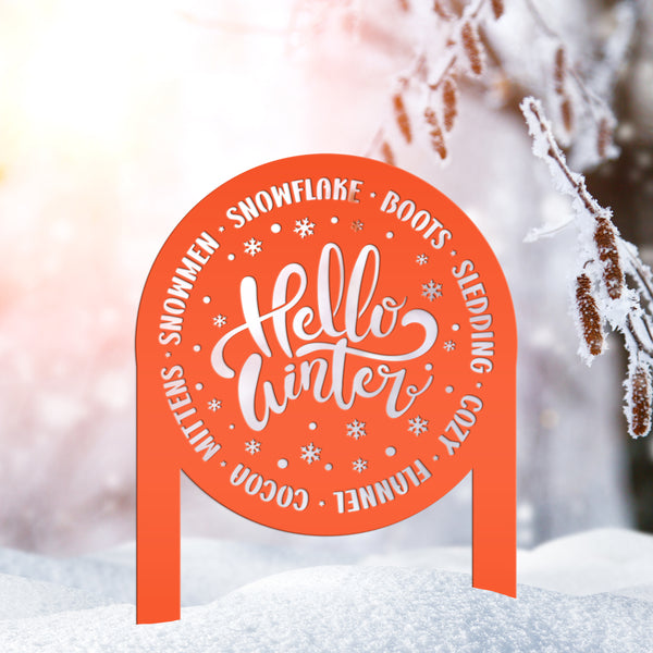 Hello Winter Metal Stake - Snowflake Winter Yard Art - Cute December Home Decoration - Outdoor Seasonal Sign - Unique Christmas Yard Stake