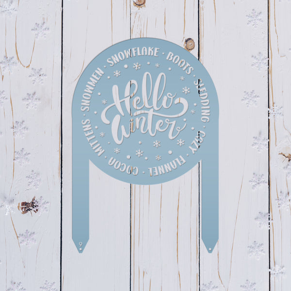 Hello Winter Metal Stake - Snowflake Winter Yard Art - Cute December Home Decoration - Outdoor Seasonal Sign - Unique Christmas Yard Stake
