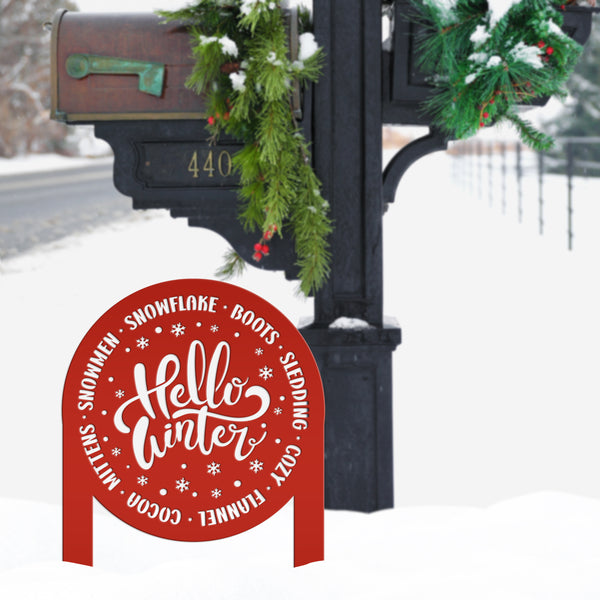 Hello Winter Metal Stake - Snowflake Winter Yard Art - Cute December Home Decoration - Outdoor Seasonal Sign - Unique Christmas Yard Stake