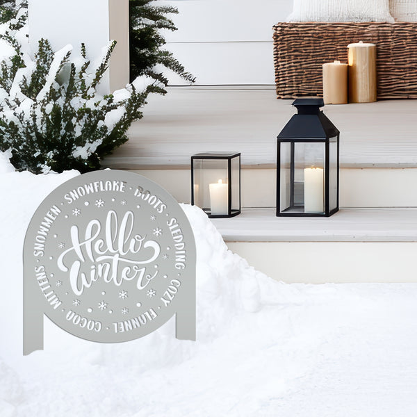 Hello Winter Metal Stake - Snowflake Winter Yard Art - Cute December Home Decoration - Outdoor Seasonal Sign - Unique Christmas Yard Stake