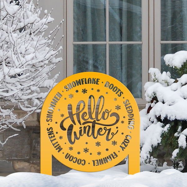 Hello Winter Metal Stake - Snowflake Winter Yard Art - Cute December Home Decoration - Outdoor Seasonal Sign - Unique Christmas Yard Stake