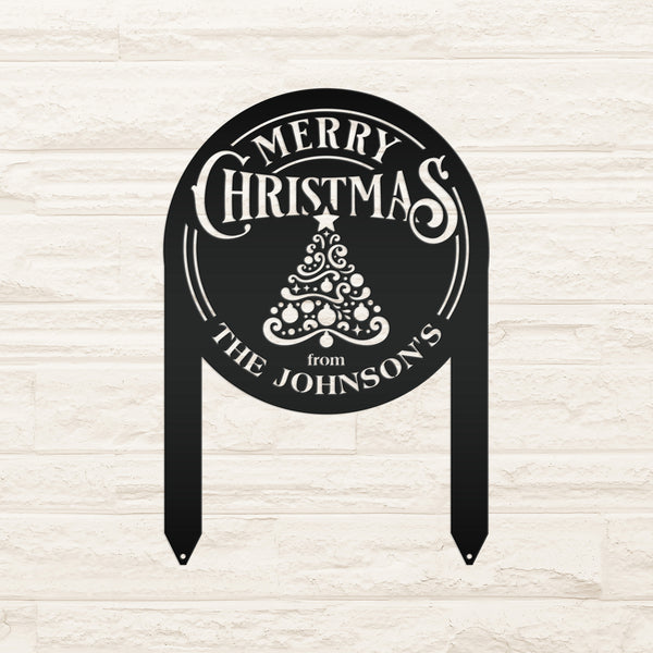 Personalized Merry Christmas Tree Metal Yard Stake - Holiday Decor