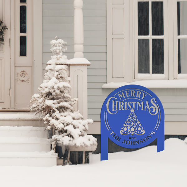 Personalized Merry Christmas Tree Metal Yard Stake - Holiday Decor