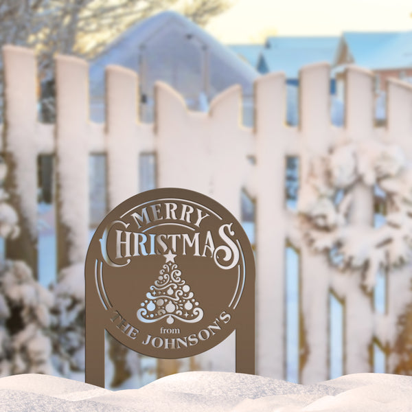 Personalized Merry Christmas Tree Metal Yard Stake - Holiday Decor