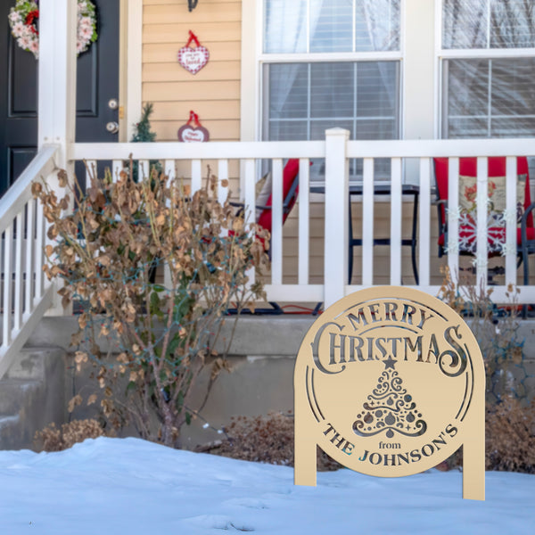 Personalized Merry Christmas Tree Metal Yard Stake - Holiday Decor