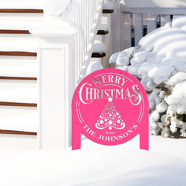 Personalized Merry Christmas Tree Metal Yard Stake - Holiday Decor