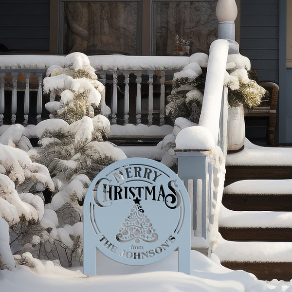 Personalized Merry Christmas Tree Metal Yard Stake - Holiday Decor