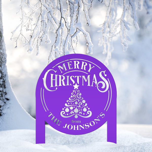 Personalized Merry Christmas Tree Metal Yard Stake - Holiday Decor