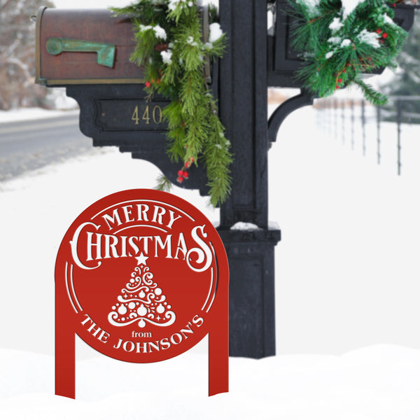 Personalized Merry Christmas Tree Metal Yard Stake - Holiday Decor