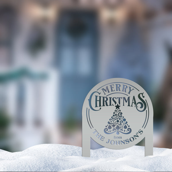 Personalized Merry Christmas Tree Metal Yard Stake - Holiday Decor