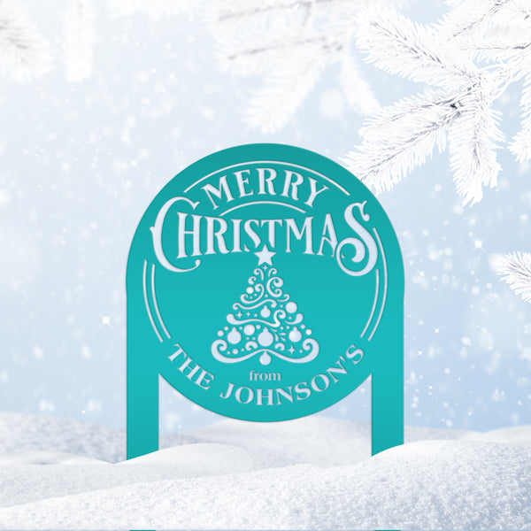 Personalized Merry Christmas Tree Metal Yard Stake - Holiday Decor