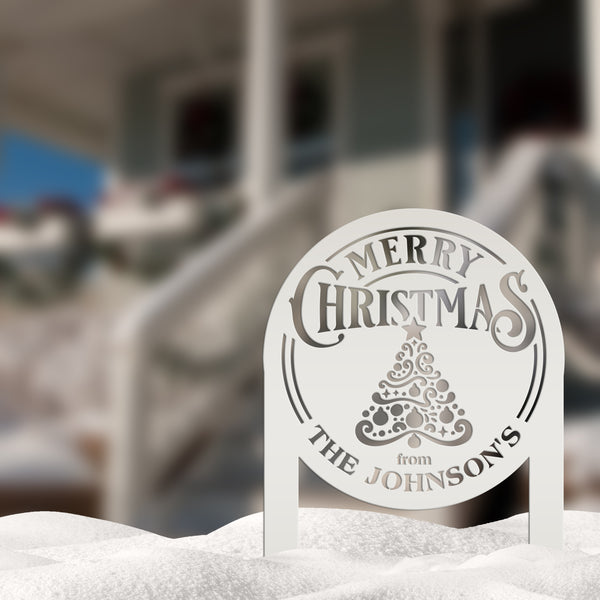 Personalized Merry Christmas Tree Metal Yard Stake - Holiday Decor