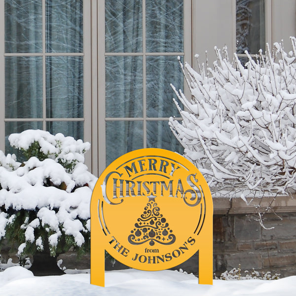 Personalized Merry Christmas Tree Metal Yard Stake - Holiday Decor