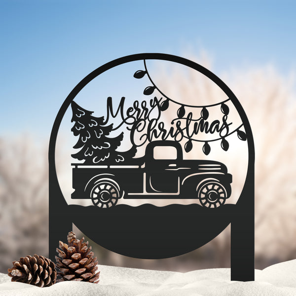 Merry Christmas Sign with Red Truck - Outdoor Christmas Decor - Metal Holiday Decorations