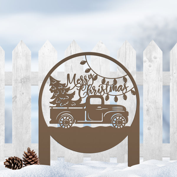 Merry Christmas Sign with Red Truck - Outdoor Christmas Decor - Metal Holiday Decorations