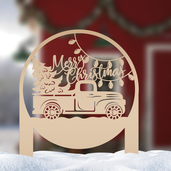 Merry Christmas Sign with Red Truck - Outdoor Christmas Decor - Metal Holiday Decorations