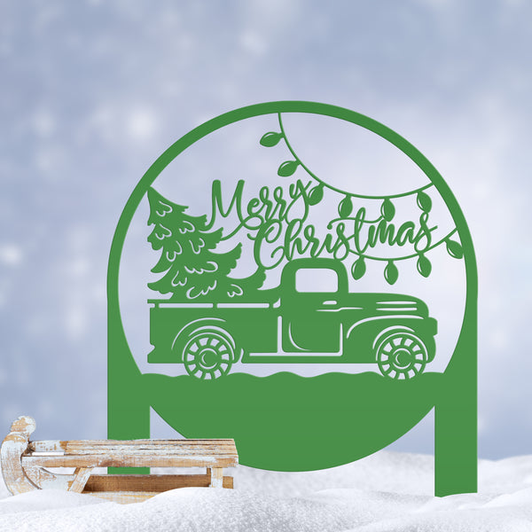 Merry Christmas Sign with Red Truck - Outdoor Christmas Decor - Metal Holiday Decorations