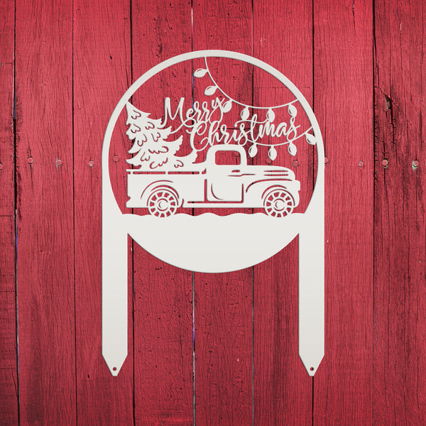 Merry Christmas Sign with Red Truck - Outdoor Christmas Decor - Metal Holiday Decorations