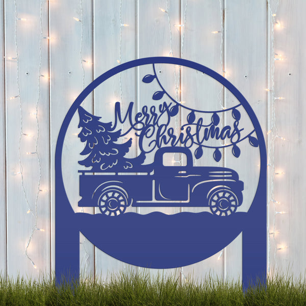 Merry Christmas Sign with Red Truck - Outdoor Christmas Decor - Metal Holiday Decorations