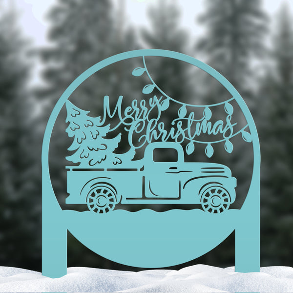 Merry Christmas Sign with Red Truck - Outdoor Christmas Decor - Metal Holiday Decorations