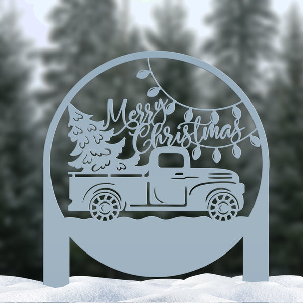 Merry Christmas Sign with Red Truck - Outdoor Christmas Decor - Metal Holiday Decorations