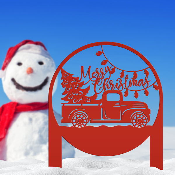 Merry Christmas Sign with Red Truck - Outdoor Christmas Decor - Metal Holiday Decorations