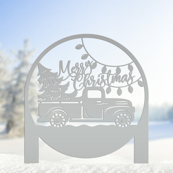 Merry Christmas Sign with Red Truck - Outdoor Christmas Decor - Metal Holiday Decorations