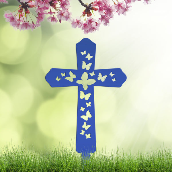 Cross Metal Yard Stake  with Butterflies, Outdoor Christian Decor, Easter Decor, Mother's Day Gift