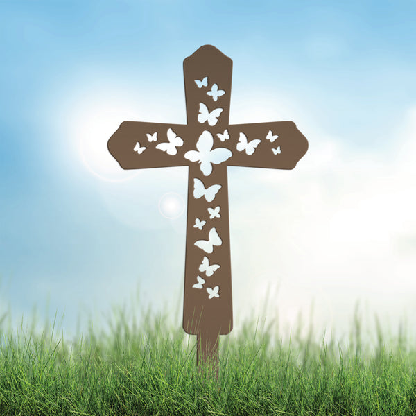 Cross Metal Yard Stake  with Butterflies