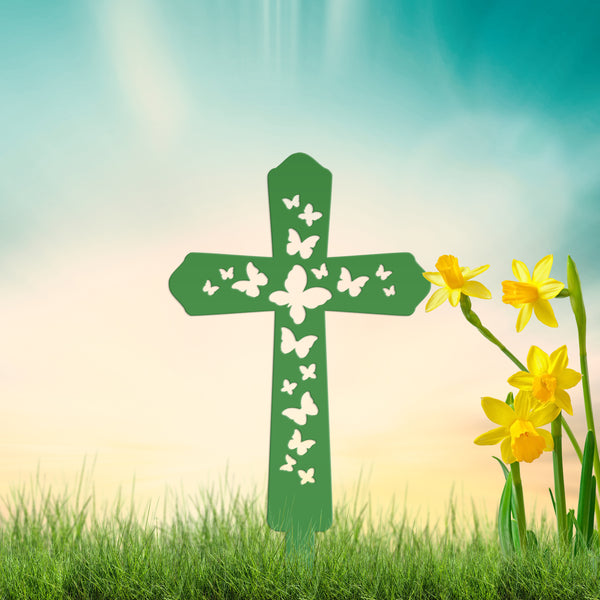 Cross Metal Yard Stake  with Butterflies, Outdoor Christian Decor, Easter Decor, Mother's Day Gift
