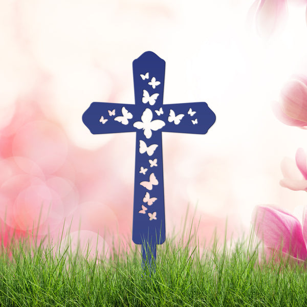 Cross Metal Yard Stake  with Butterflies, Outdoor Christian Decor, Easter Decor, Mother's Day Gift