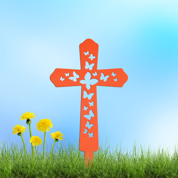 Cross Metal Yard Stake  with Butterflies