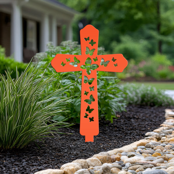 Cross Metal Yard Stake  with Butterflies, Outdoor Christian Decor, Easter Decor, Mother's Day Gift
