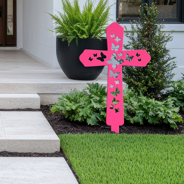 Cross Metal Yard Stake  with Butterflies, Outdoor Christian Decor, Easter Decor, Mother's Day Gift