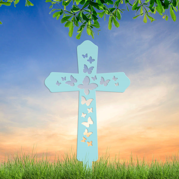 Cross Metal Yard Stake  with Butterflies