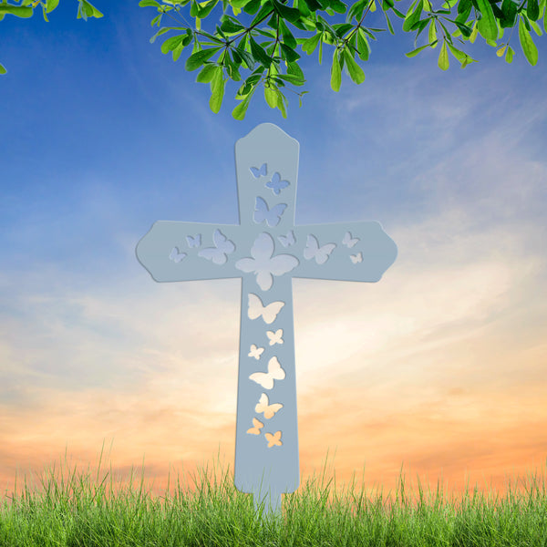 Cross Metal Yard Stake  with Butterflies, Outdoor Christian Decor, Easter Decor, Mother's Day Gift