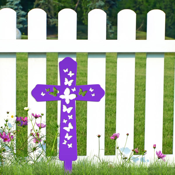 Cross Metal Yard Stake  with Butterflies