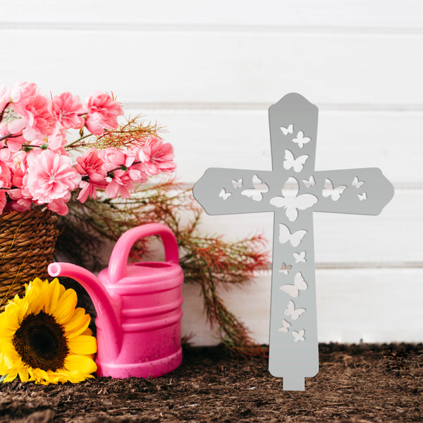 Cross Metal Yard Stake  with Butterflies, Outdoor Christian Decor, Easter Decor, Mother's Day Gift