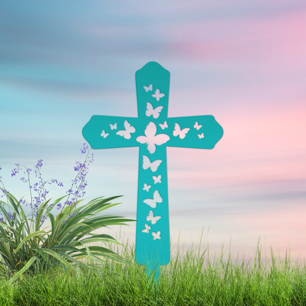 Cross Metal Yard Stake  with Butterflies, Outdoor Christian Decor, Easter Decor, Mother's Day Gift