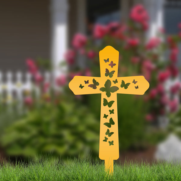 Cross Metal Yard Stake  with Butterflies