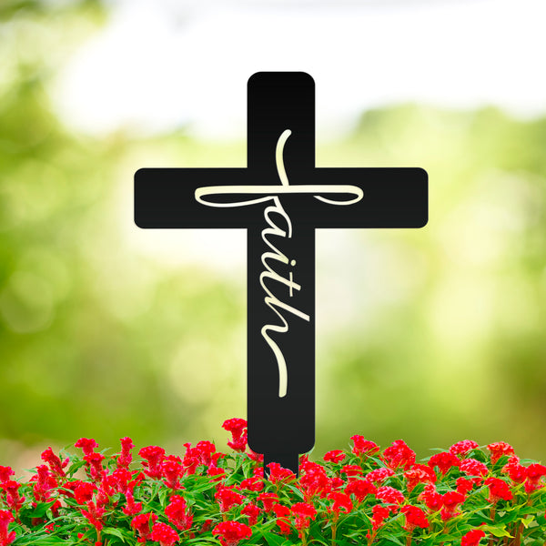 Faith Cross Metal Yard Stake - Easter/Christian Decor-Gravesite -Graveyard Memorial-Gift for Mom-Grandma