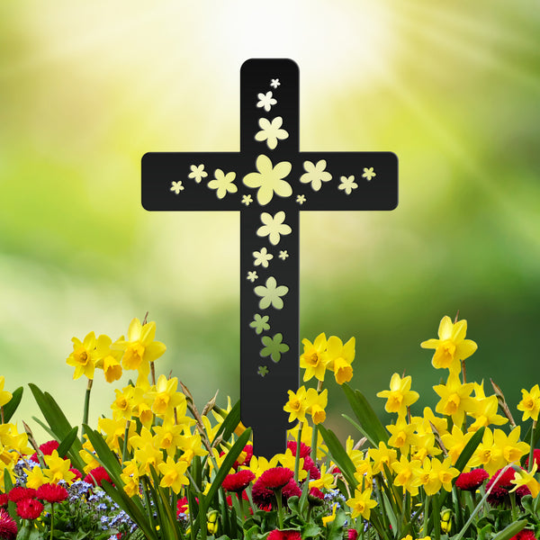 Flower Cross Metal Yard Stake - Christian/Easter Decor-Memorial Gift